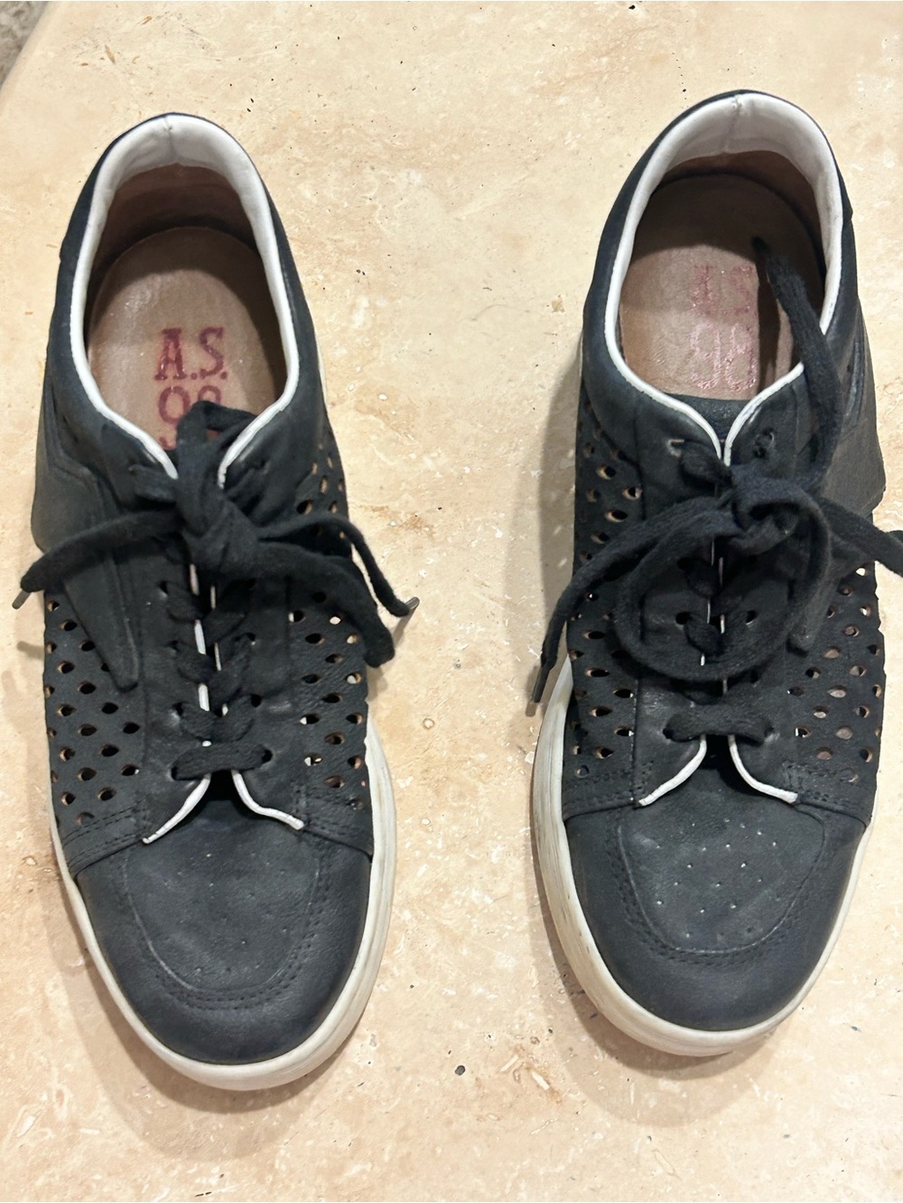 A.S.98 Black Perforated Lace-Up Sneakers with White Trim